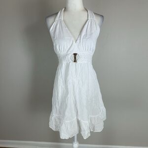 Peruvian Cotton Halter Dress White XL Tiered Embroidery Coastal Vacation Crochet